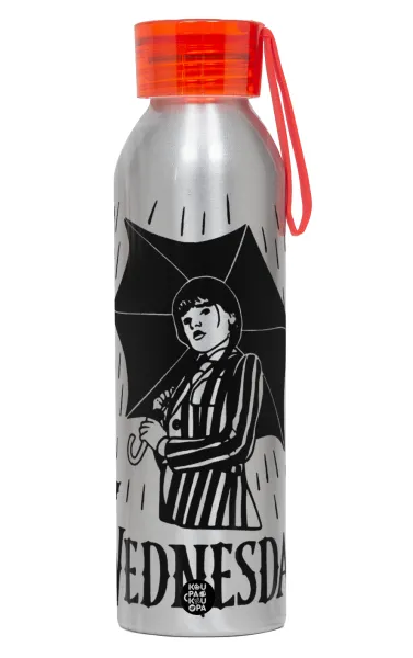 Wednesday Addams — Aluminum Sports Bottle 650ml – Silver with Red Cap and Silicone Strap