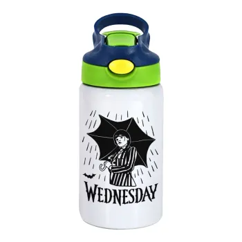Wednesday Addams, Παιδικό παγούρι θερμό, ανοξείδωτο, με καλαμάκι ασφαλείας, πράσινο/μπλε (350ml)