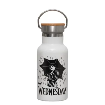 Wednesday Addams, Μεταλλικό παγούρι θερμός (Stainless steel) Λευκό με ξύλινο καπακι (bamboo), διπλού τοιχώματος, 350ml