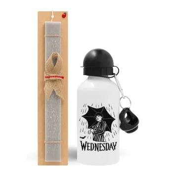 Wednesday Addams, Easter Set, metallic aluminum water bottle (500ml) & aromatic flat Easter candle (30cm) (GRAY)