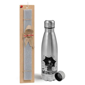 Wednesday Addams, Easter Set, metallic Inox water bottle (750ml) & aromatic flat Easter candle (30cm) (GRAY)
