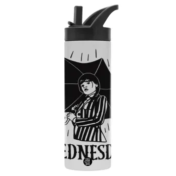 Wednesday Addams, Μεταλλικό παγούρι θερμός με καλαμάκι & χειρολαβή, ανοξείδωτο ατσάλι (Stainless steel 304), διπλού τοιχώματος, 600ml