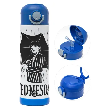 Wednesday Addams, Children's hot water bottle, stainless steel, with safety straw, BLUE (500ml)