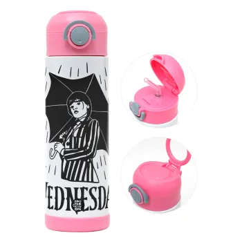 Wednesday Addams, Children's hot water bottle, stainless steel, with safety straw, PINK (500ml)