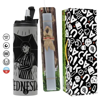 Wednesday Addams, Πασχαλινή Λαμπάδα με Travel Tumbler θερμό (600ml, BPA free) & κερί αρωματικό πλακέ (30cm) (ΓΚΡΙ)