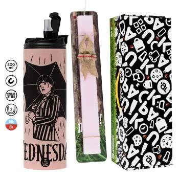 Wednesday Addams, Πασχαλινή Λαμπάδα με  ΡΟΖ Travel Tumbler θερμό (600ml, BPA free) & κερί αρωματικό πλακέ (30cm) (ΡΟΖ)