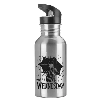 Wednesday Addams, Παγούρι νερού Ασημένιο με καλαμάκι, ανοξείδωτο ατσάλι 600ml