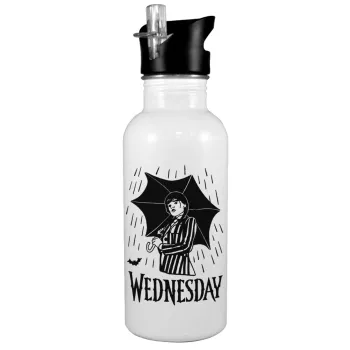 Wednesday Addams, White water bottle with straw, stainless steel 600ml