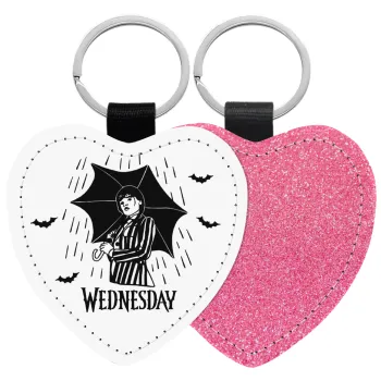 Wednesday Addams, Μπρελόκ PU δερμάτινο glitter καρδιά ΡΟΖ