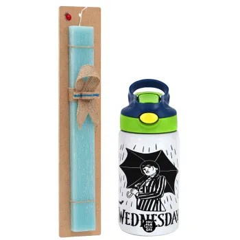 Wednesday Addams, Easter Set, Children's thermal stainless steel bottle with safety straw, green/blue (350ml) & aromatic flat Easter candle (30cm) (TURQUOISE)