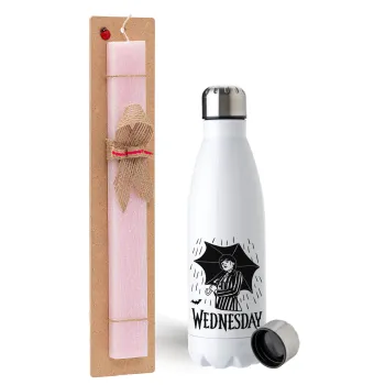 Wednesday Addams, Πασχαλινή Λαμπάδα με μεταλλικό παγούρι ανοξείδωτο (750ml) & κερί αρωματικό πλακέ (30cm) (ΡΟΖ)