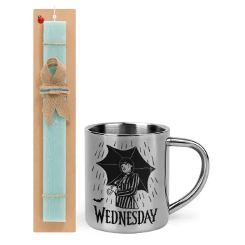 Wednesday Addams, Easter Set, metallic thermal cup (300ml) & aromatic flat Easter candle (30cm) (TURQUOISE)