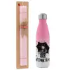 Easter Set, Metallic pink/white (Stainless steel) thermos, double-walled, 500ml & aromatic flat Easter candle (30cm) (PINK)