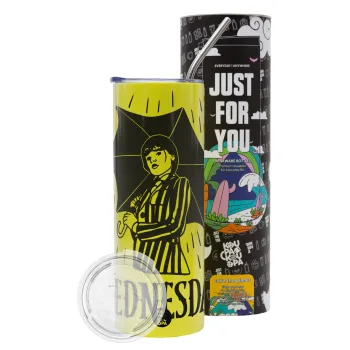 Wednesday Addams, Neon Yellow Travel Tumbler, with metal straw (Stainless steel 304 Food grade, BPA free, 600ml)