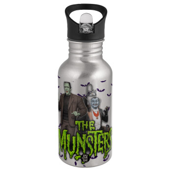 The munsters, Water bottle Silver with straw, stainless steel 500ml