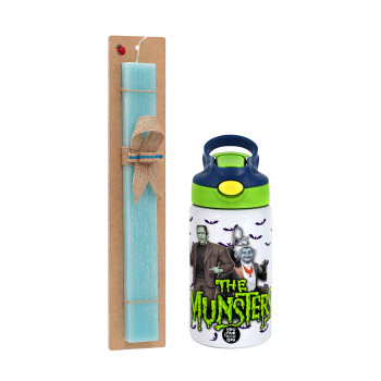 The munsters, Easter Set, Children's thermal stainless steel bottle with safety straw, green/blue (350ml) & aromatic flat Easter candle (30cm) (TURQUOISE)