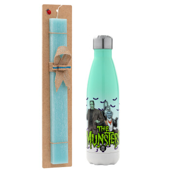 The munsters, Easter Set, Metallic green/white thermos (Stainless steel), double-walled, 500ml & scented flat Easter candle (30cm) (TURQUOISE)