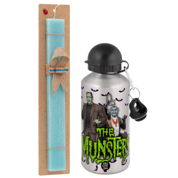 The munsters, Easter Set, metallic silver aluminum water bottle (500ml) & scented flat Easter candle (30cm) (TURQUOISE)