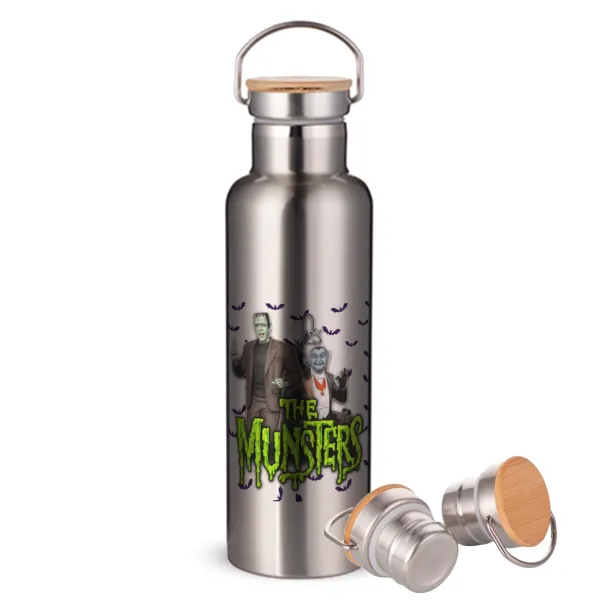 The munsters — Μεταλλικό παγούρι θερμός (Stainless steel) Ασημένιο με ξύλινο καπακι (bamboo), διπλού τοιχώματος, 750ml