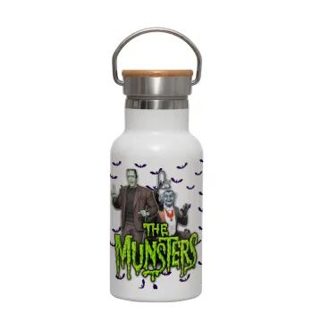 The munsters, Metallic thermos (Stainless steel) White with wooden lid (bamboo), double-walled, 350ml