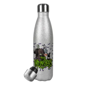 The munsters, Μεταλλικό παγούρι θερμός Glitter Aσημένιο (Stainless steel), διπλού τοιχώματος, 500ml