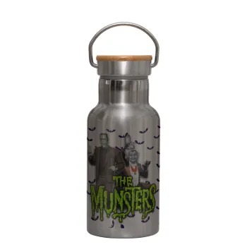 The munsters, Stainless steel metallic thermos flask, silver with a bamboo lid, double-walled, 350ml.