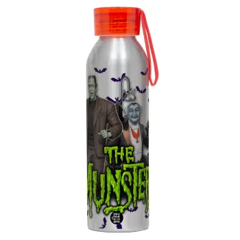 The munsters, Αλουμινένιο Αθλητικό Μπουκάλι 650ml – Ασημί με Κόκκινο Καπάκι και Λουράκι Σιλικόνης