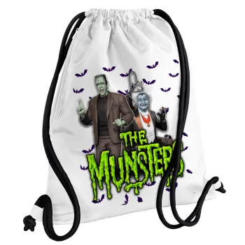 The munsters, Τσάντα πλάτης πουγκί GYMBAG λευκή, με τσέπη (40x48cm) & χονδρά κορδόνια