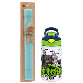 The munsters, Easter Set, Children's thermal stainless steel bottle with safety straw, green/blue (350ml) & aromatic flat Easter candle (30cm) (TURQUOISE)