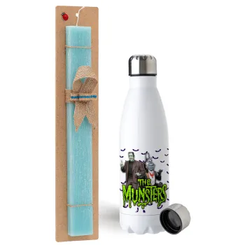 The munsters, Easter Set, metallic stainless steel water bottle (750ml) & aromatic flat Easter candle (30cm) (TURQUOISE)