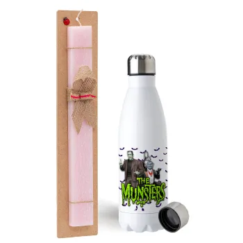 The munsters, Easter Set, metallic stainless steel water bottle (750ml) & scented flat Easter candle (30cm) (PINK)