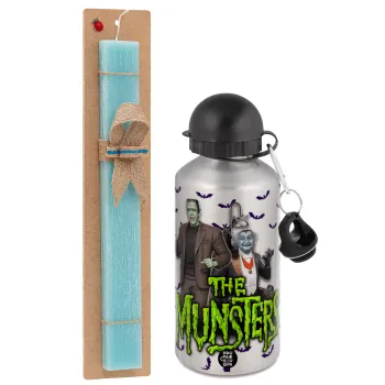 The munsters, Easter Set, metallic silver aluminum water bottle (500ml) & scented flat Easter candle (30cm) (TURQUOISE)