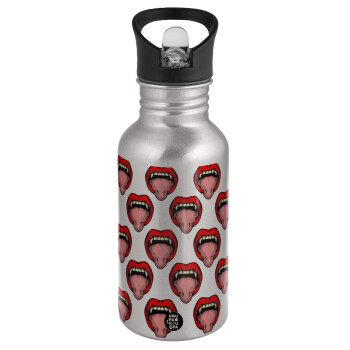 vampire lips, Water bottle Silver with straw, stainless steel 500ml