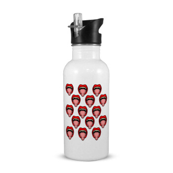 vampire lips, White water bottle with straw, stainless steel 600ml