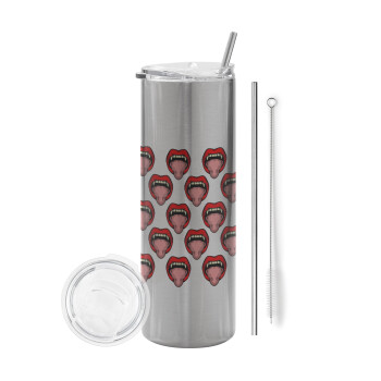 vampire lips, Eco friendly stainless steel Silver tumbler 600ml, with metal straw & cleaning brush