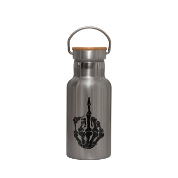 Middle finger, Stainless steel metallic thermos flask, silver with a bamboo lid, double-walled, 350ml.