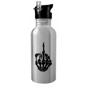 Middle finger, Water bottle Silver with straw, stainless steel 600ml
