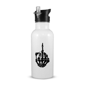 Middle finger, White water bottle with straw, stainless steel 600ml