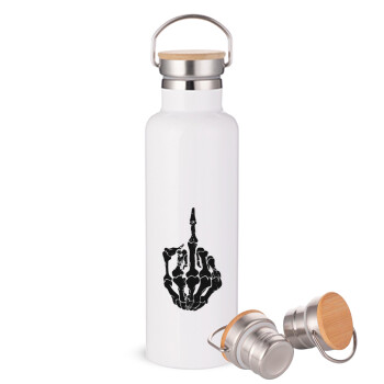 Middle finger, Μεταλλικό παγούρι θερμός (Stainless steel) Λευκό με ξύλινο καπάκι (bamboo), διπλού τοιχώματος, 750ml