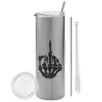 Middle finger, Eco friendly stainless steel Silver tumbler 600ml, with metal straw & cleaning brush