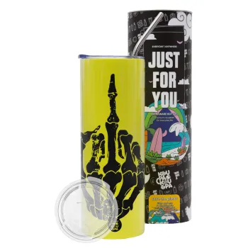 Middle finger, Neon Yellow Travel Tumbler θερμό, μεταλλικό καλαμάκι(Ανωξείδωτο 304 Food grade, BPA free, 600ml)