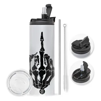 Middle finger, Travel Tumbler θερμό με διπλό καπάκι, μεταλλικό καλαμάκι και βούρτσα καθαρισμού (Ανωξείδωτο 304 Food grade, BPA free, 600ml)