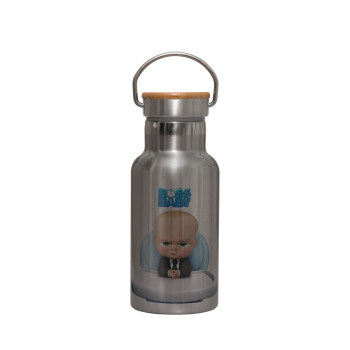 The boss baby, Stainless steel metallic thermos flask, silver with a bamboo lid, double-walled, 350ml.