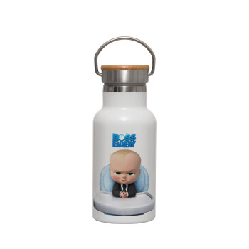 The boss baby, Μεταλλικό παγούρι θερμός (Stainless steel) Λευκό με ξύλινο καπακι (bamboo), διπλού τοιχώματος, 350ml