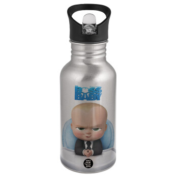 The boss baby, Water bottle Silver with straw, stainless steel 500ml