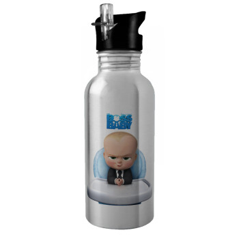 The boss baby, Water bottle Silver with straw, stainless steel 600ml