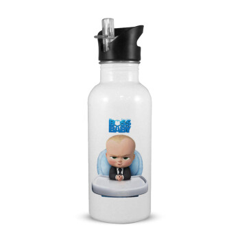 The boss baby, White water bottle with straw, stainless steel 600ml