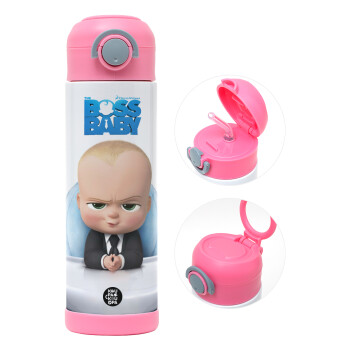 The boss baby, Παιδικό παγούρι θερμό, ανοξείδωτο, με καλαμάκι ασφαλείας, ΡΟΖ (500ml)