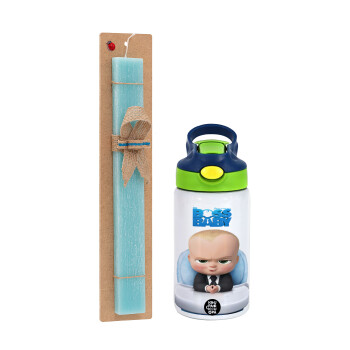 The boss baby, Easter Set, Children's thermal stainless steel bottle with safety straw, green/blue (350ml) & aromatic flat Easter candle (30cm) (TURQUOISE)