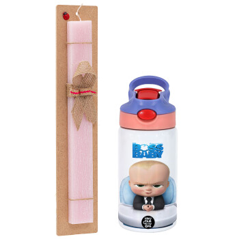 The boss baby, Πασχαλινό Σετ, Παιδικό παγούρι θερμό, ανοξείδωτο, με καλαμάκι ασφαλείας, ροζ/μωβ (350ml) & πασχαλινή λαμπάδα αρωματική πλακέ (30cm) (ΡΟΖ)